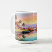 湖とコテージのある自然の夕日風景画 コーヒーマグカップ (正面左)