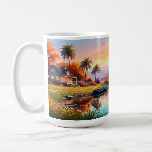 湖とコテージのある自然の夕日風景画 コーヒーマグカップ (左)