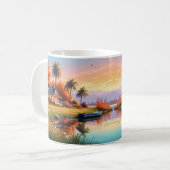 湖とコテージのある自然の夕日風景画 コーヒーマグカップ (正面左)