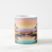 湖とコテージのある自然の夕日風景画 コーヒーマグカップ (中央)
