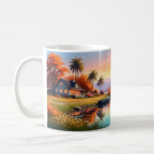 湖とコテージのある自然の夕日風景画 コーヒーマグカップ (左)