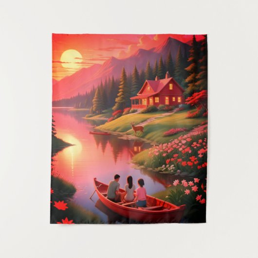 湖とコテージのサンセット絵画-68678 タペストリー (正面)