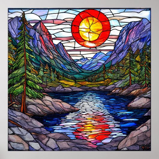 湖と木の山景色 ポスター (正面)