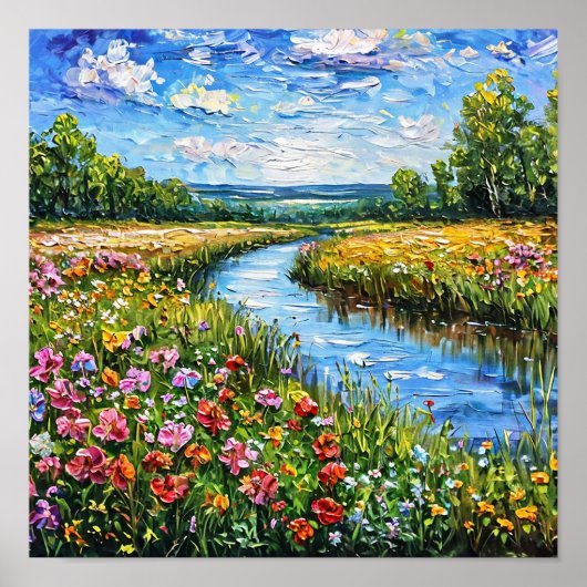 湖と花畑の静かな自然の風景 ポスター (正面)