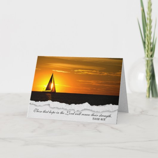 湖に帆船のある宗教的な悔やみや弔慰の夕日 カード (正面)
