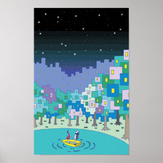 湖に浮かぶボートと星空 ポスター