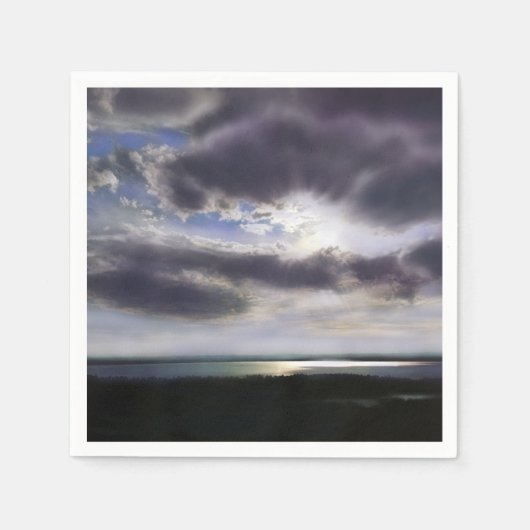 湖に浮かぶロマンチックな夕日 スタンダードカクテルナプキン (正面)