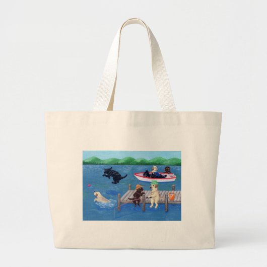 湖のおもしろいのラブラドールの絵を描くこと ラージトートバッグ (正面)