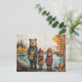 湖のそばでクマの家族と秋の散歩 ポストカード (スタンド正面)