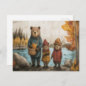 湖のそばでクマの家族と秋の散歩 ポストカード (正面/裏面)