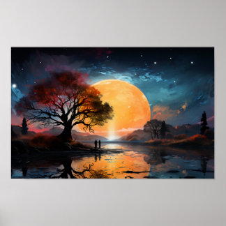 湖のそばで太陽を見ているカップル ポスター