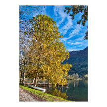 湖のそばに木とボートがあるイタリアの秋