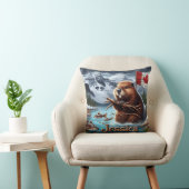 湖のそばに杖を持つカナディアン・ビーバー クッション (椅子)