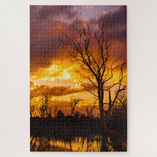 湖のそばの夕日 ジグソーパズル (縦)