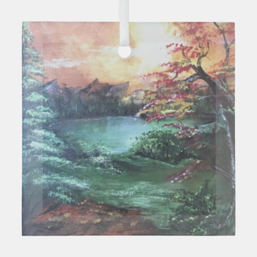 湖のそばの小さな色 ガラスオーナメント (正面)