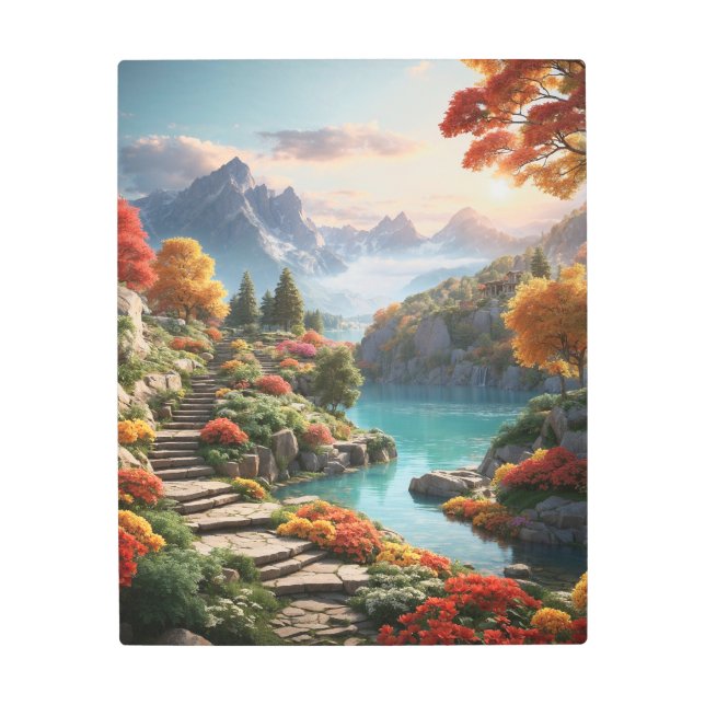 湖のそばの山々 メタルプリント (正面)