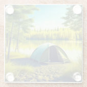 湖のそばの美しい森の中のテント ガラスコースター (裏面)