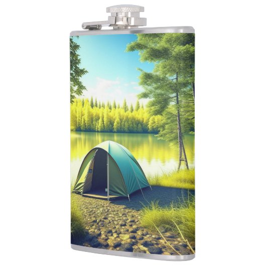 湖のそばの美しい森の中のテント フラスク (左)