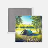 湖のそばの美しい森の中のテント マグネット (正面/裏面)