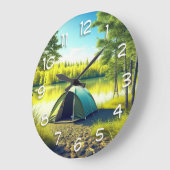 湖のそばの美しい森の中のテント ラージ壁時計 (傾斜)