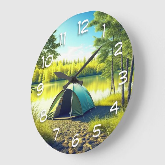 湖のそばの美しい森の中のテント ラージ壁時計 (傾斜)