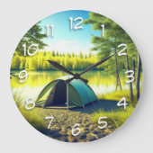 湖のそばの美しい森の中のテント ラージ壁時計 (正面)