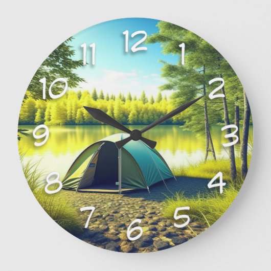 湖のそばの美しい森の中のテント ラージ壁時計 (正面)