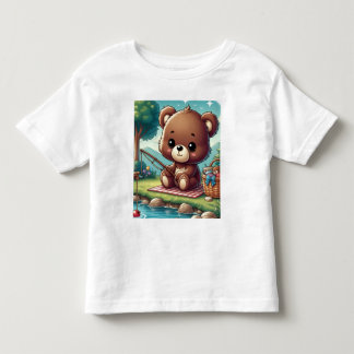 湖のほとりで釣りをする熊のTシャツ トドラーTシャツ