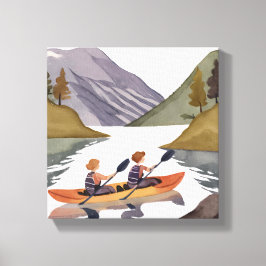 湖のカヤック遊び | 山の自然の水彩画 キャンバスプリント