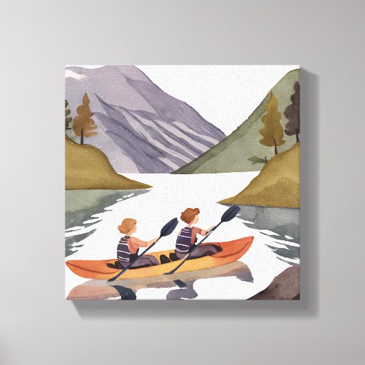 湖のカヤック遊び | 山の自然の水彩画 キャンバスプリント (正面)