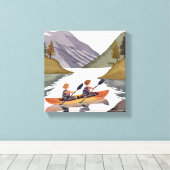 湖のカヤック遊び | 山の自然の水彩画 キャンバスプリント (インサイチュ (ウッドフロア))