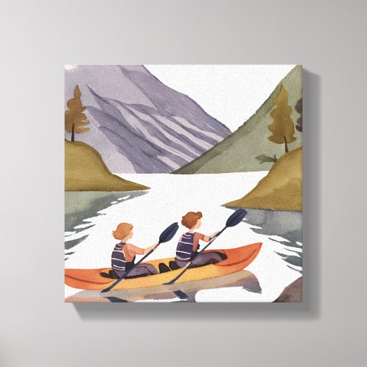 湖のカヤック遊び | 山の自然の水彩画 キャンバスプリント (正面)