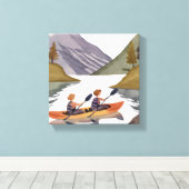 湖のカヤック遊び | 山の自然の水彩画 キャンバスプリント (インサイチュ (ウッドフロア))