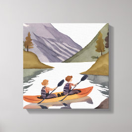 湖のカヤック遊び | 山の自然の水彩画 キャンバスプリント