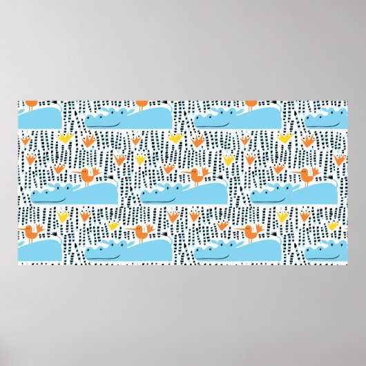 湖のシームレスなパターンvint内のカバと鳥 ポスター (正面)