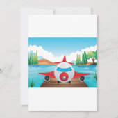 湖のドックで楽しい旅行アドベンチャー飛行機漫画 招待状 (正面)