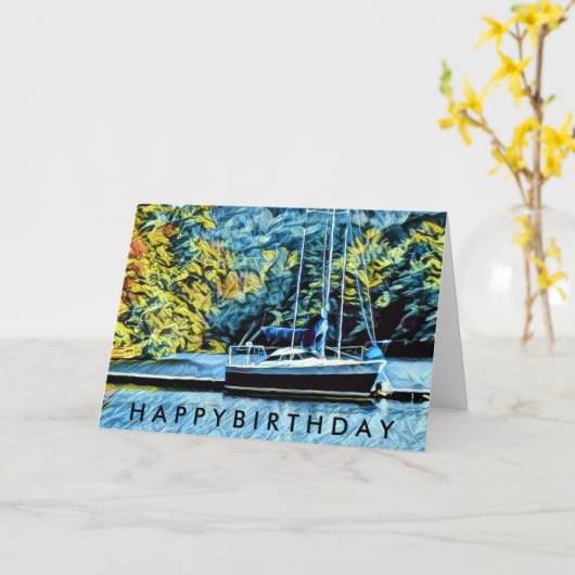 湖のハウスボートの誕生日は男性へを望みます カード (黄色い花)