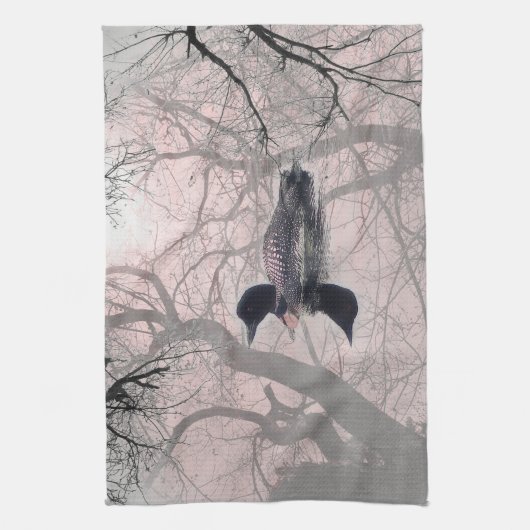 湖のピンクの台所タオルの白黒水潜り鳥 キッチンタオル (縦)
