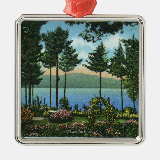 湖のブラウンの白鳥公園の眺め メタルオーナメント (正面)