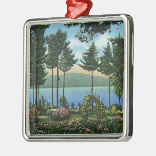 湖のブラウンの白鳥公園の眺め メタルオーナメント (左)