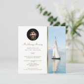 湖のボートにちなんだエレガントなゴールドの追悼式案内招待状写真 招待状 (スタンド正面)