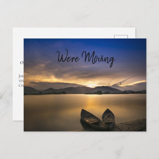 湖のボート山の日没の岩アドレスの変更 案内ポストカード (正面/裏面)