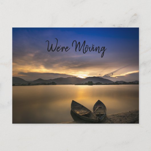 湖のボート山の日没の岩アドレスの変更 案内ポストカード (正面)