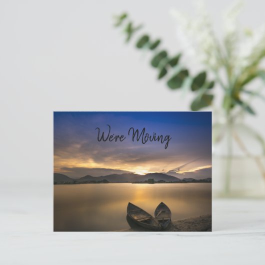 湖のボート山の日没の岩アドレスの変更 案内ポストカード (スタンド正面)