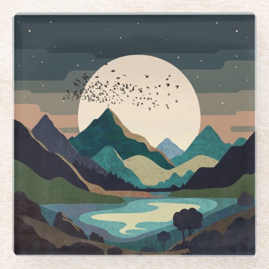 湖の上のスーパームーン ガラスコースター (正面)