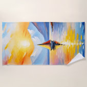 湖の上の日の出と雪の山のキャップ ビーチタオル (正面)