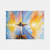 湖の上の日の出と雪の山のキャップ フリースブランケット (正面(横))