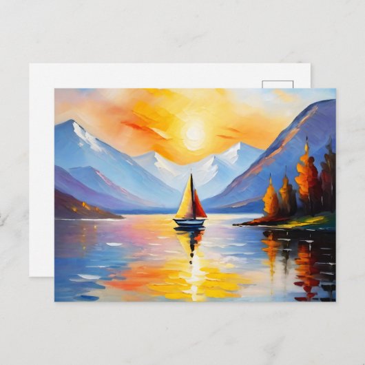 湖の上の日の出と雪の山のキャップ ポストカード (正面/裏面)