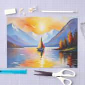 湖の上の日の出と雪の山のキャップ 薄葉紙 (クラフト)