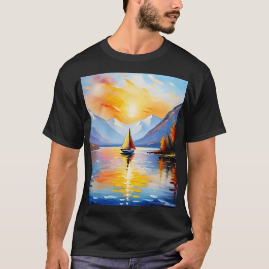 湖の上の日の出と雪の山のキャップ Tシャツ (正面)